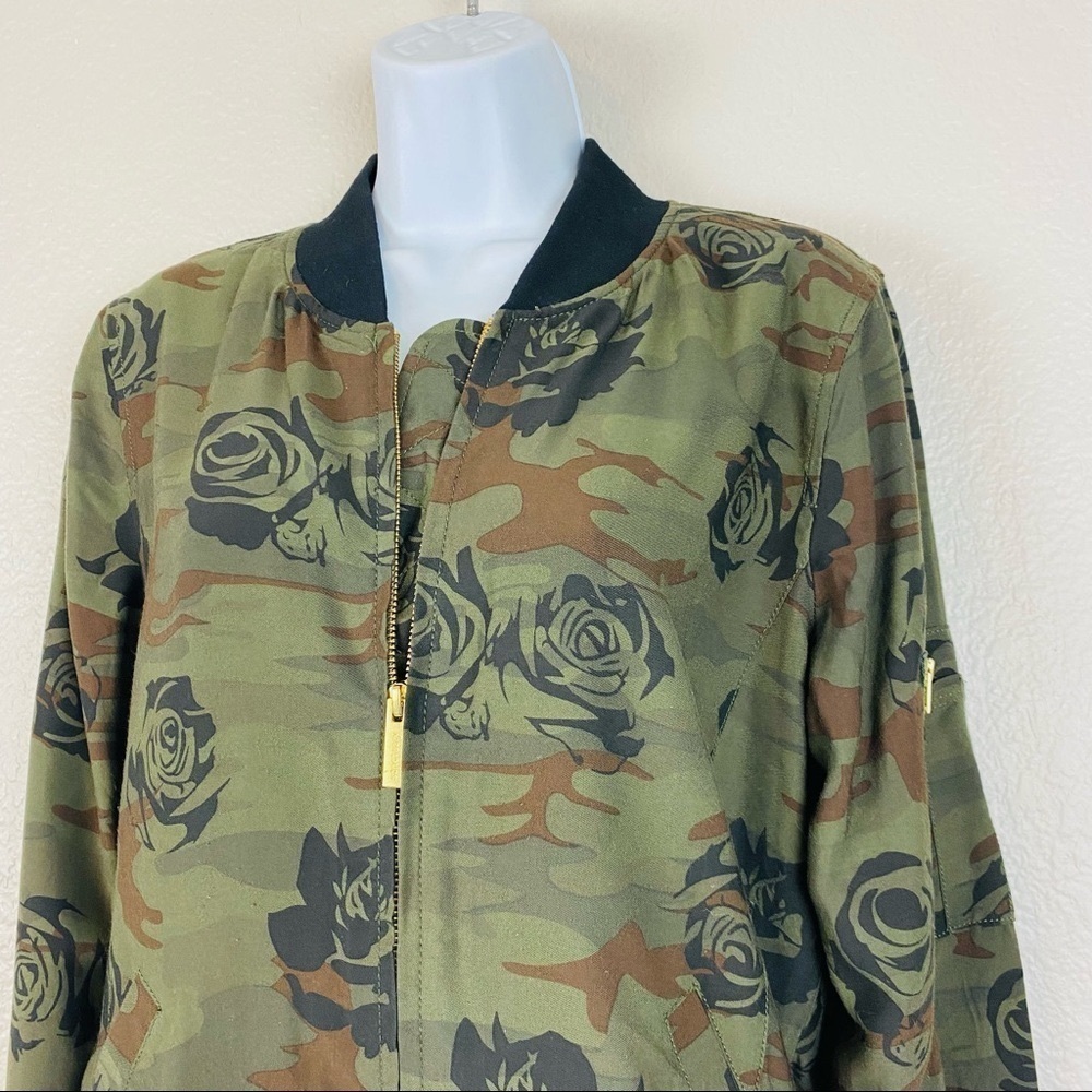 Sanctuary Olive Green Camo Bomber Jacket with Black Rose Print